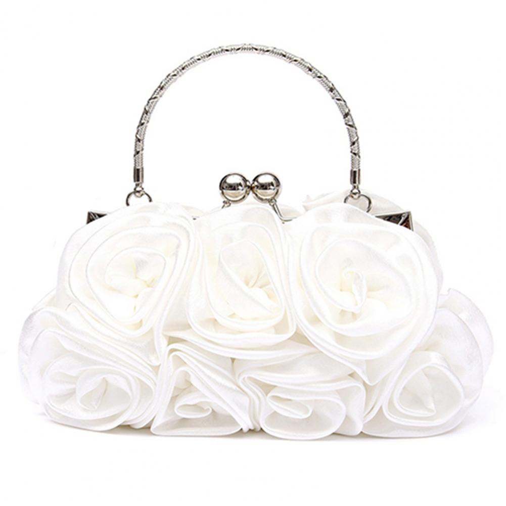 Women Girls Silk Rose Flower Handbag Wedding Bridal Clutch Bag Metal Chain Shoulder Bag Lady Crossbody Bags Purse Chic Tote Bag