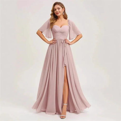A Line Short Sleeve Chiffon Bridesmaid Dresses One Shouder Slit Pleat Elegant Wedding Party Formal Prom Evening Lace Up Back