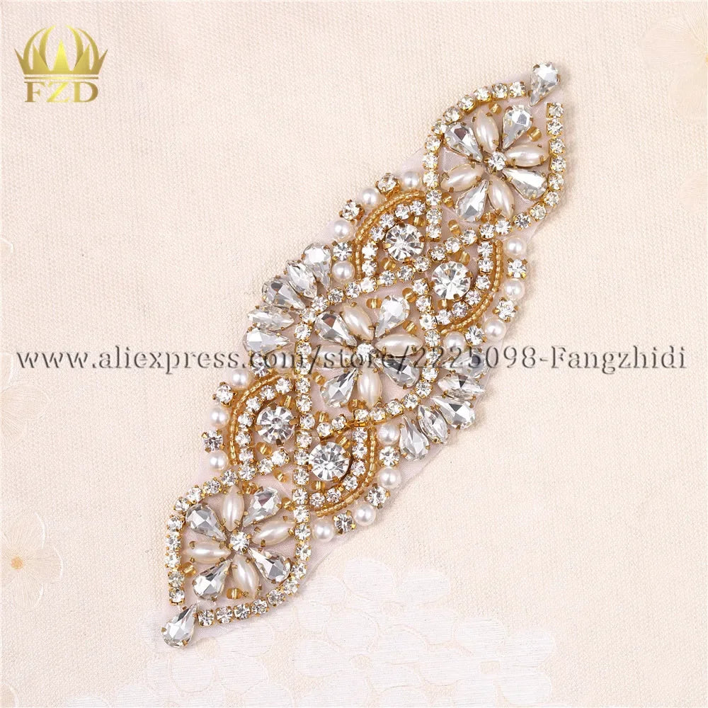 1 Pieces Wedding Rhinestones Dress Accessories Applique Gold Claw Sliver Motif Crystals Sewing Beaded Patches For Bridal Garter