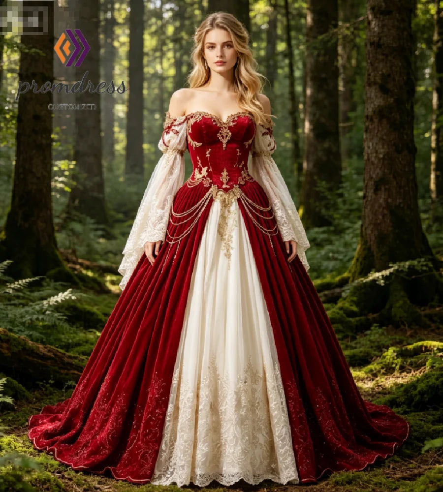 Enchanted Forest Red Velvet Medieval Wedding Dress 2026 Off Shoulder Victorian Celestial Whimsigoth Bridal Gowns Ombre Cosplay