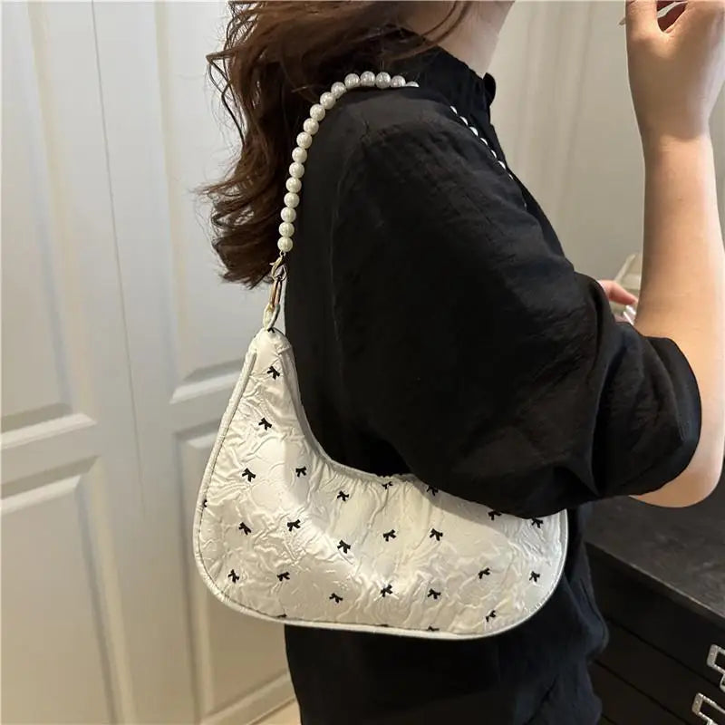 Trendy Wrinkled Bow Purse for Women Versatile Shoulder Bag Elegant Underarm Handbag for Daily Outings