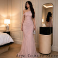 Elegant Blush Pink Mother Of Bride Formal Dress One Shoulder Sheer Tulle Strap Diagonal Ruched Bodice Scattered Rhinestone
