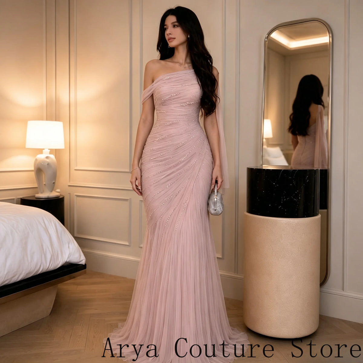 Elegant Blush Pink Mother Of Bride Formal Dress One Shoulder Sheer Tulle Strap Diagonal Ruched Bodice Scattered Rhinestone