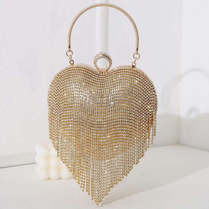 Heart Pattern Diamond Tassel Clutch