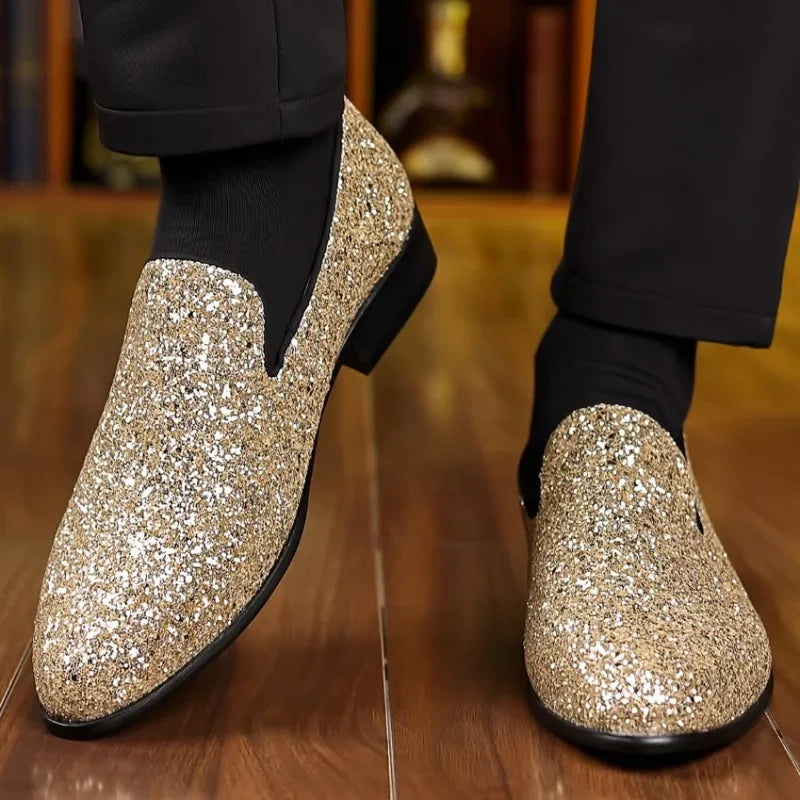 Men Formal Party Shoes New Luxury Loafers Men Gold Silver Sequin Wedding Shoe Fashion Designer Slip on Flats High Quality