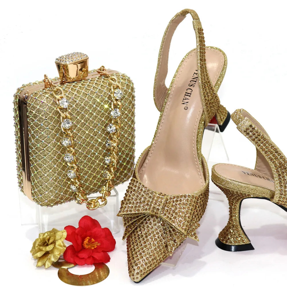 Rhinestone Bow Pointed-Toe Bridal Heel and Bag Set