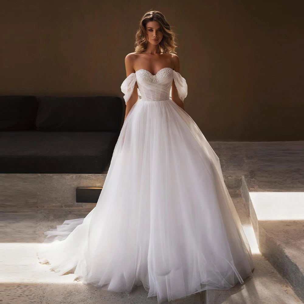 Off-Shoulder Beaded A-Line Wedding Dress