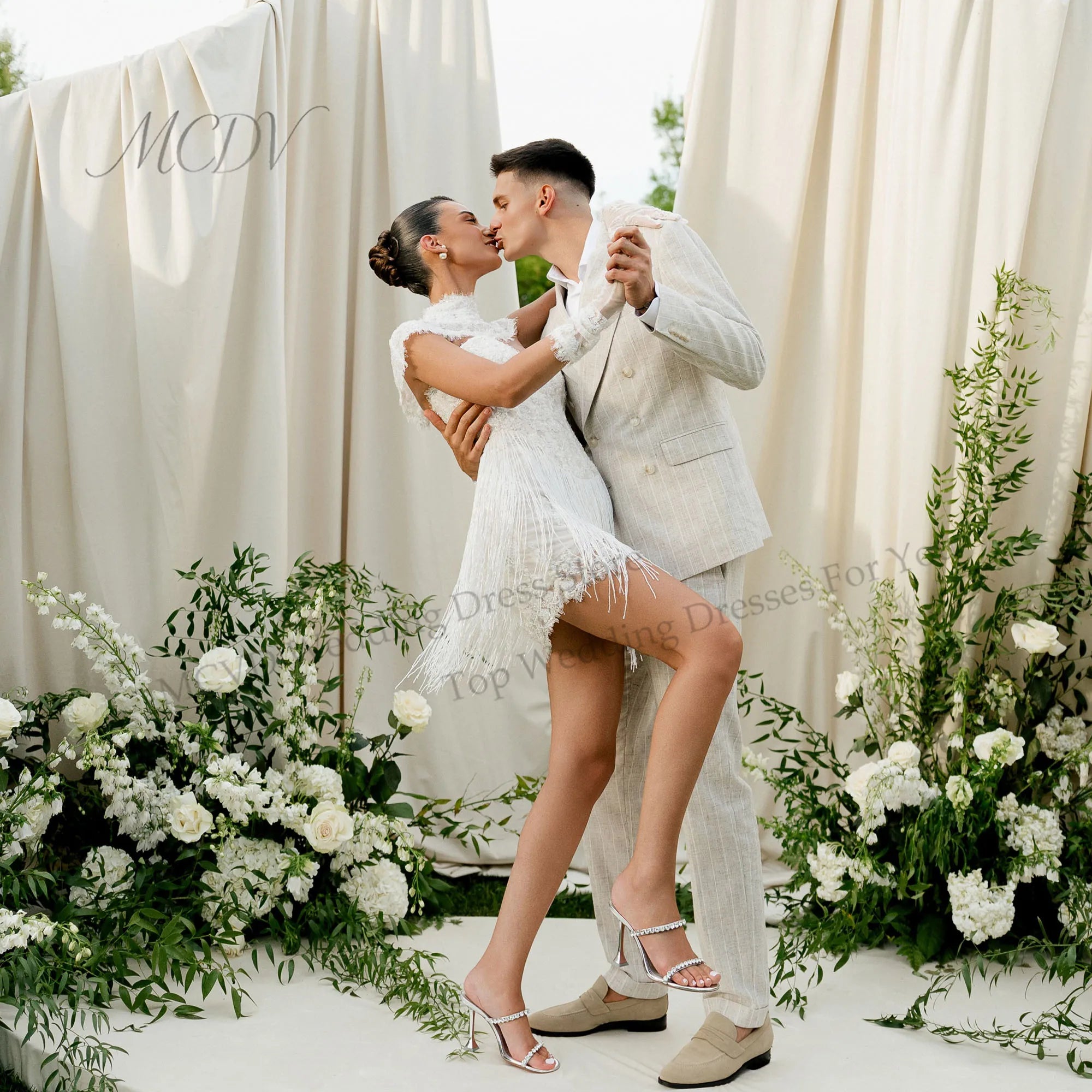 Fringe Mini Wedding Dress with Lace Corset
