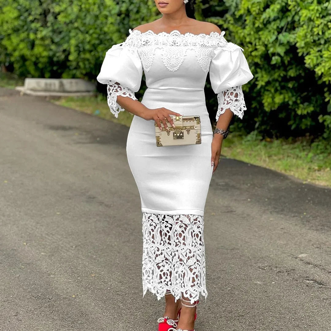 Off-Shoulder Lantern Sleeve Lace Sheath Dress