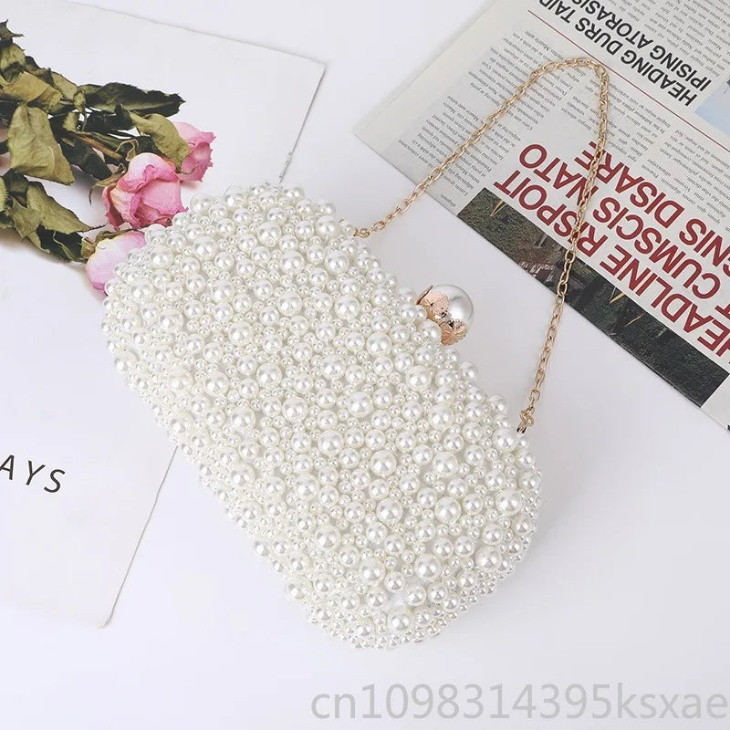 Elegant Pearl Evening Shoulder Bag Soft Small Square Purse with Lock for Women Wedding Bridal Crossbody Party