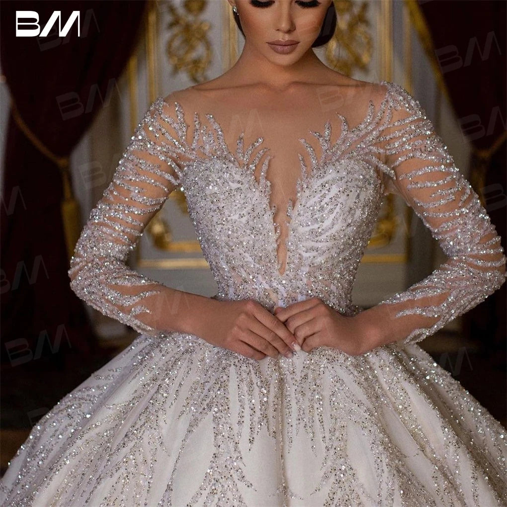 Hand-Beaded Long-Sleeve Ball Gown Wedding Dress
