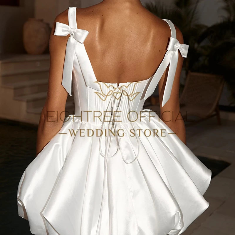 Eightree 2025 Simple Mini Wedding Dresses White Sleeveless Short Satin Bow Wedding Gowns Boho Beach Bridal Prom Dress Customized