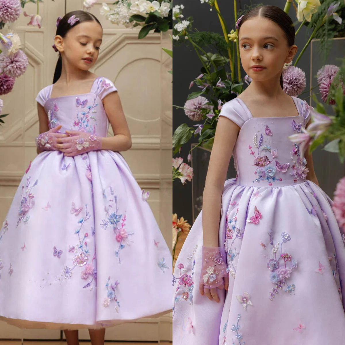 Floral Applique Tea Length Flower Girl Dress