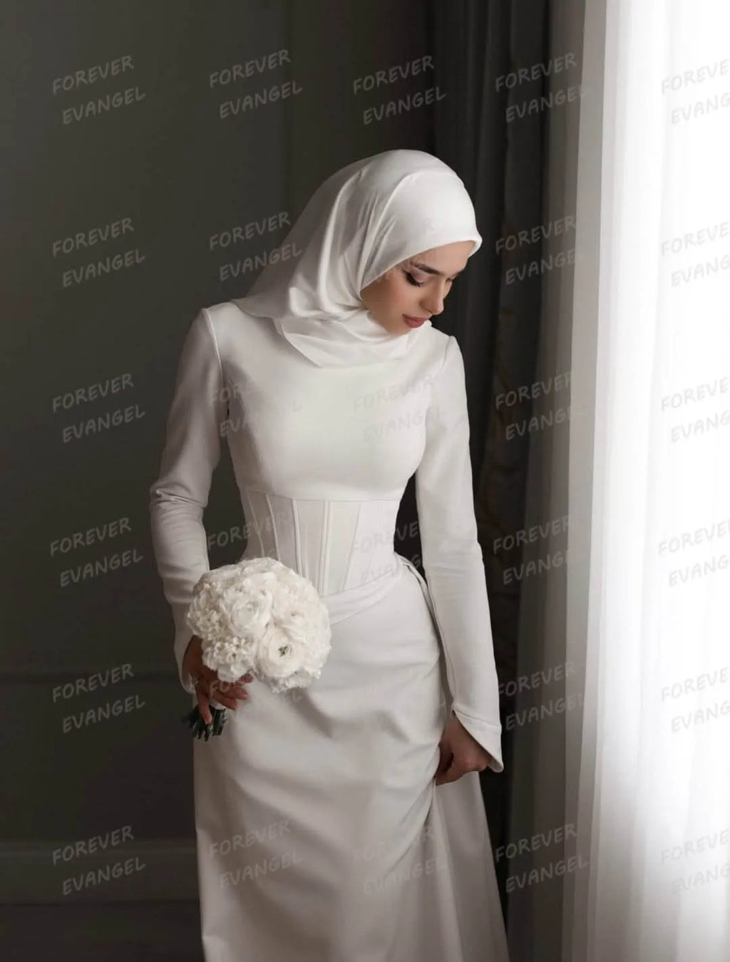 Simple Formal Wedding Dresses Muslim Woman Satin Bride Gowns High Neck Long Sleeve Ruffles Elegant Vestidos De Noche Customized