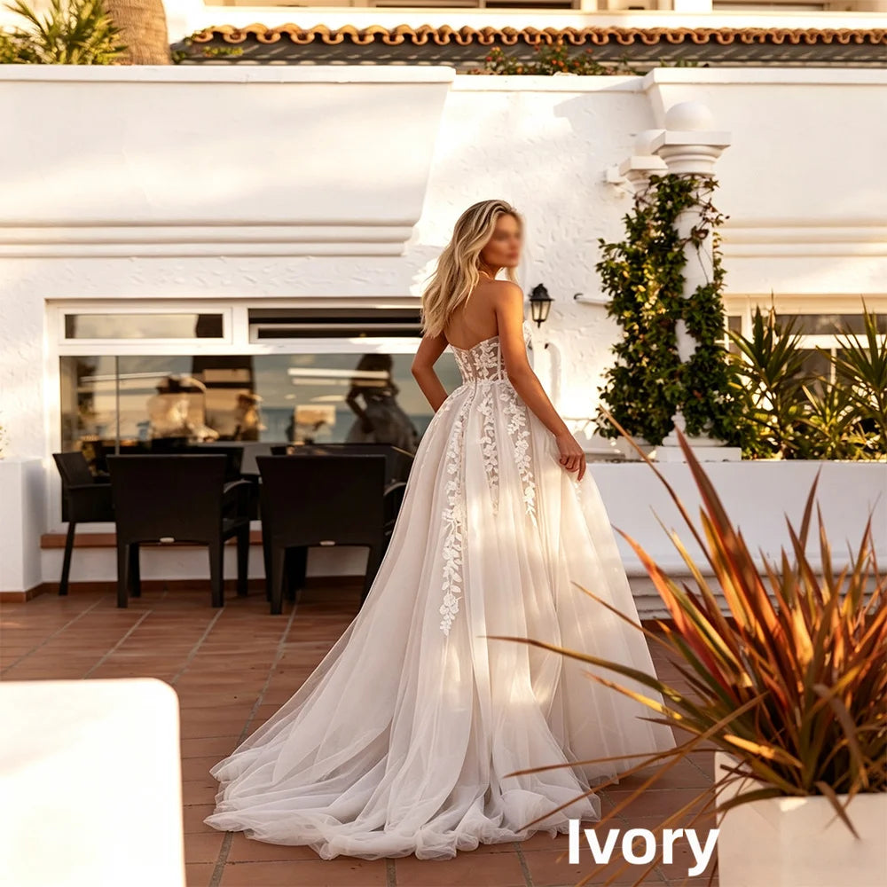 Floral Lace Corset Wedding Dress with High Slit