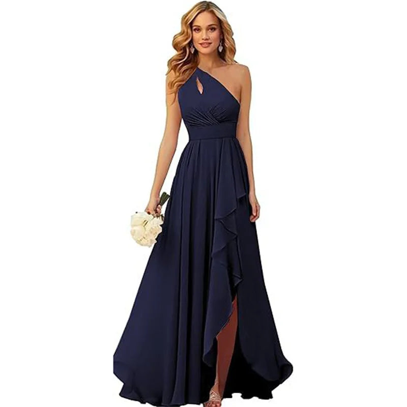 A Line Chiffon Bridesmaid Dresses One Shouder Slit Pleat Elegant Wedding Party Formal Prom Evening Lace Up Back