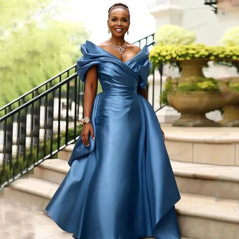 Satin Mother of the Bride Dresses Overskirt Off Shoulder Floor Length Wedding Guest Evening Party Anniversary Dress Customized