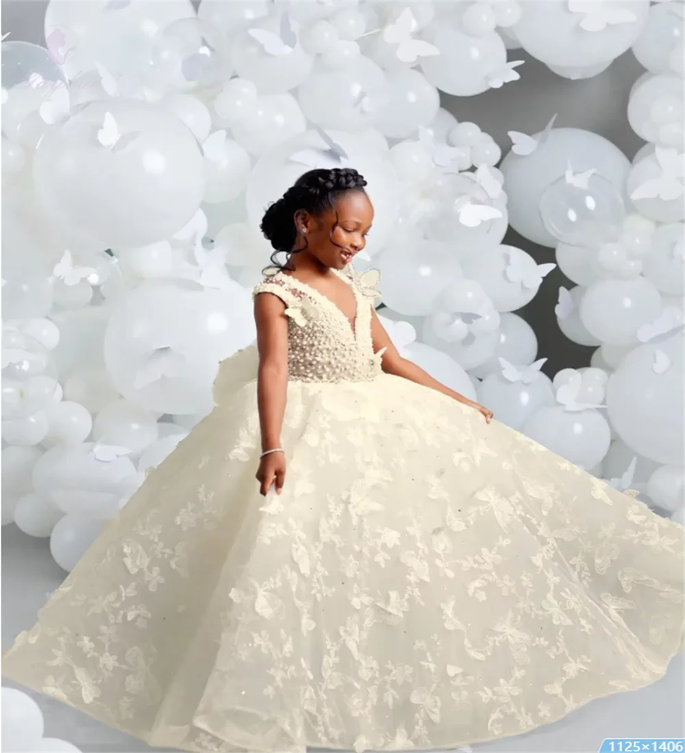 V-Neck Butterfly Pearl Flower Girl Dress