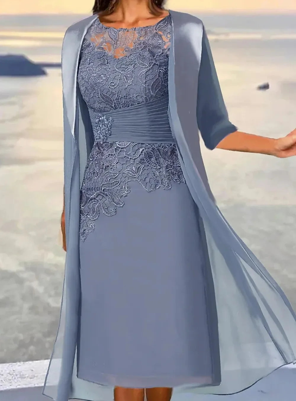 Mother Of the Bride Dresses Midi Dusty Blue Length Sleeve Floral Embroidered Layered Ruched Fall Crew Neck Elegant Mature فستان