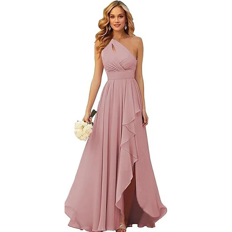 A Line Chiffon Bridesmaid Dresses One Shouder Slit Pleat Elegant Wedding Party Formal Prom Evening Lace Up Back
