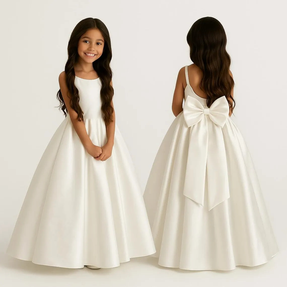 Ivory Satin A-Line Flower Girl Dress