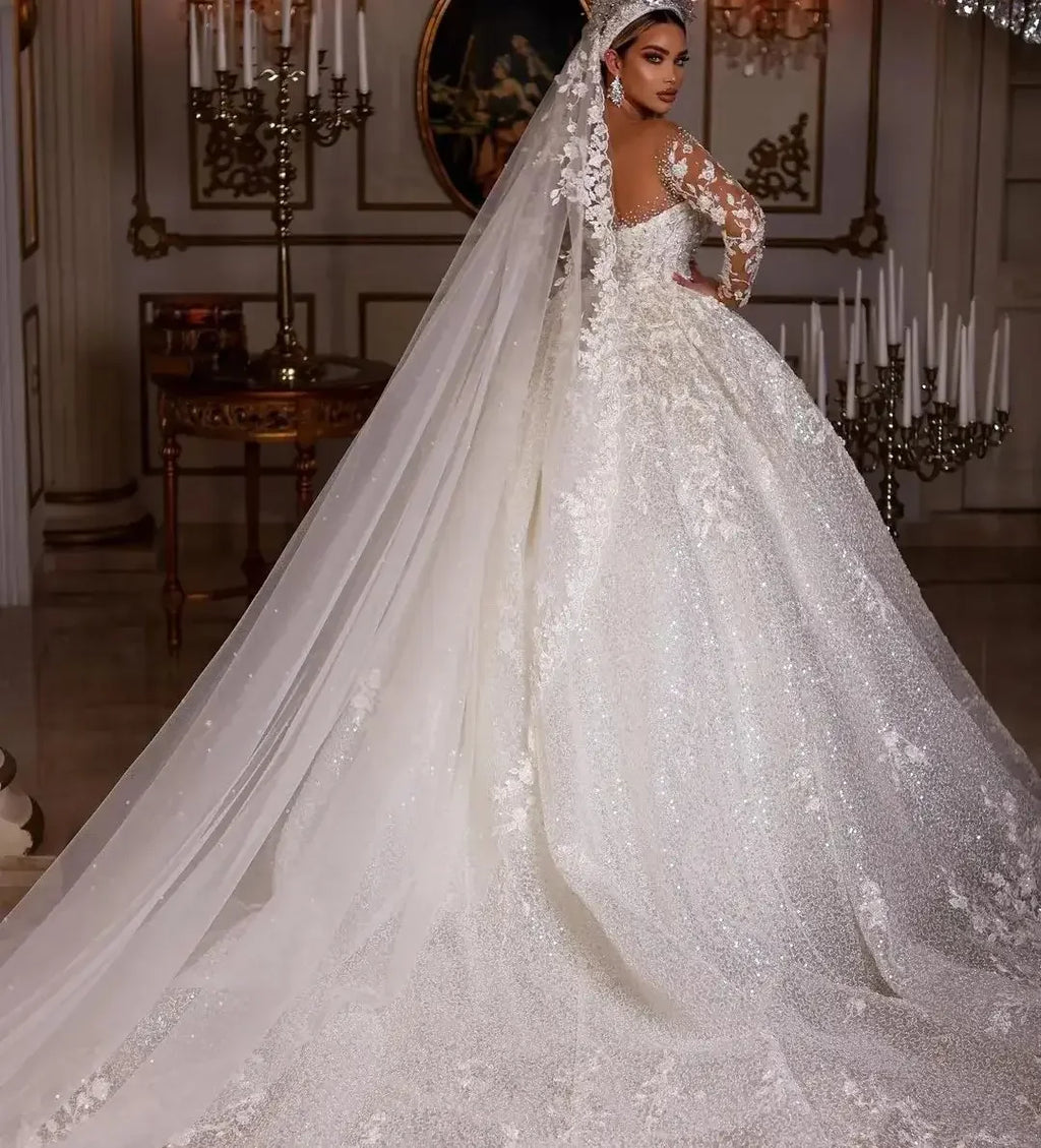 Long Sleeve Sequin & Pearl Illusion Wedding Dress
