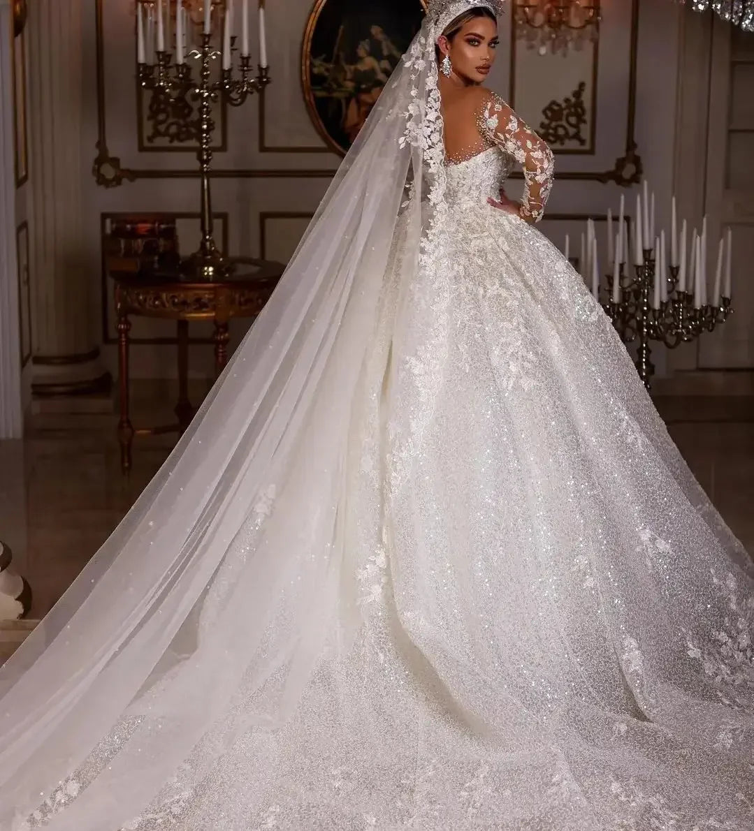 Long Sleeve Sequin & Pearl Illusion Wedding Dress