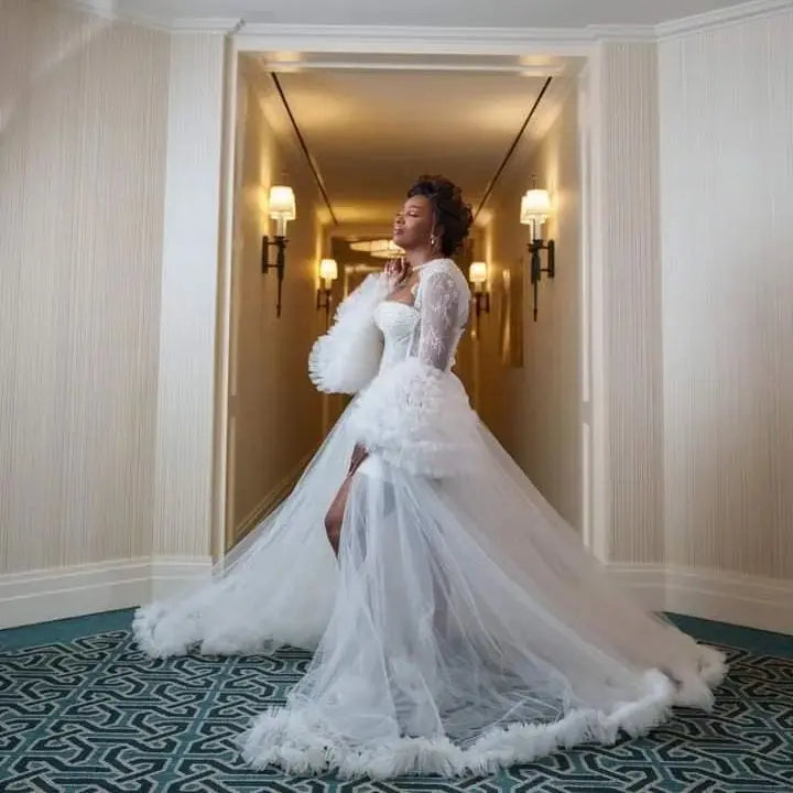 Luxury Bridal Robe Dress Maxi Wrap Customized Lingerie Women Fotos Gowns Boudoir Bathrobe Lace Wedding Dress For Babyshower