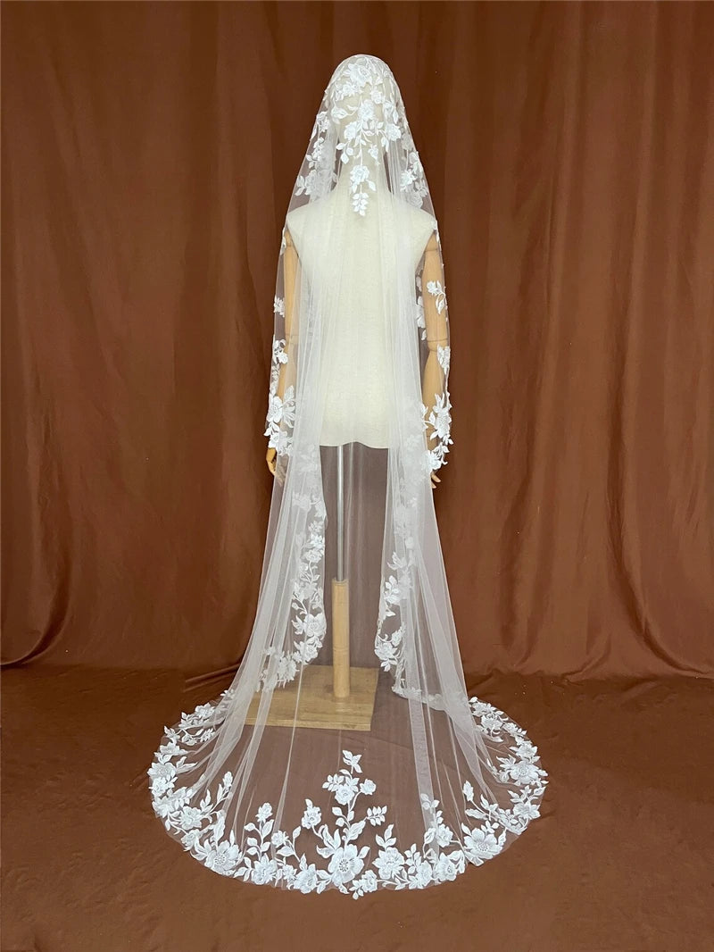 Full Lace Edge Mantilla Wedding Bridal Veils Cathedral Long Embroidered Ivory Tulle Floral Flowers Leaves Outdoor Church Brides