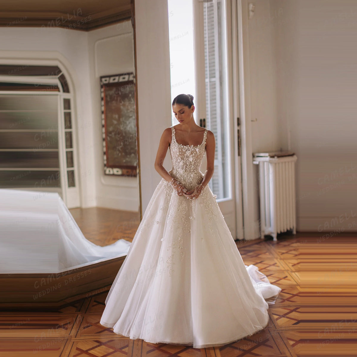 Graceful Elegant Wedding Dresses Women's A Line Long Sleeve Appliques Bridal Gowns Boat Neck Formal Vestidos De Novia Customized