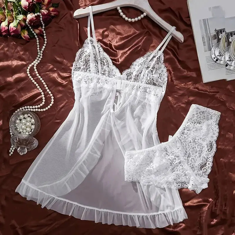 Sheer Tulle V-Neck Nightgown & Thong Set