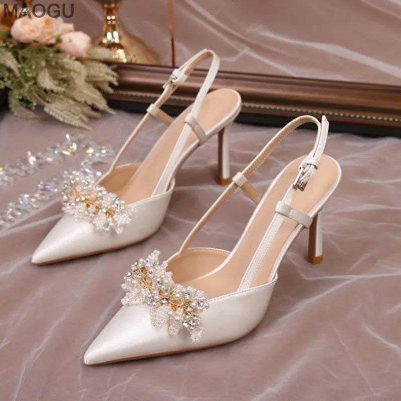 Pearl Rhinestone Pointed Toe Stiletto Heel Sandals Satin Bridal Wedding Shoes Elegant Evening Party Women's Shoes White Heels