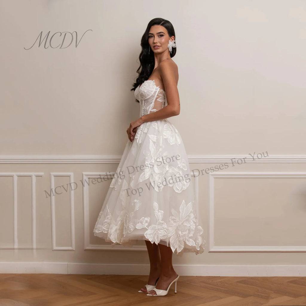 3D Floral Lace Tea Length Bridal Midi Dress