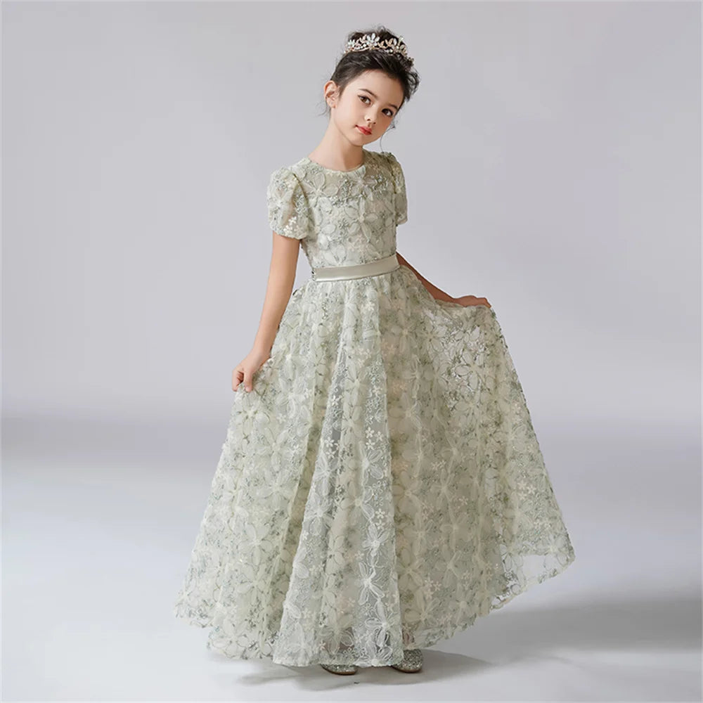 Rhinestone Floral Lace Puff-Sleeve Flower Girl Dress