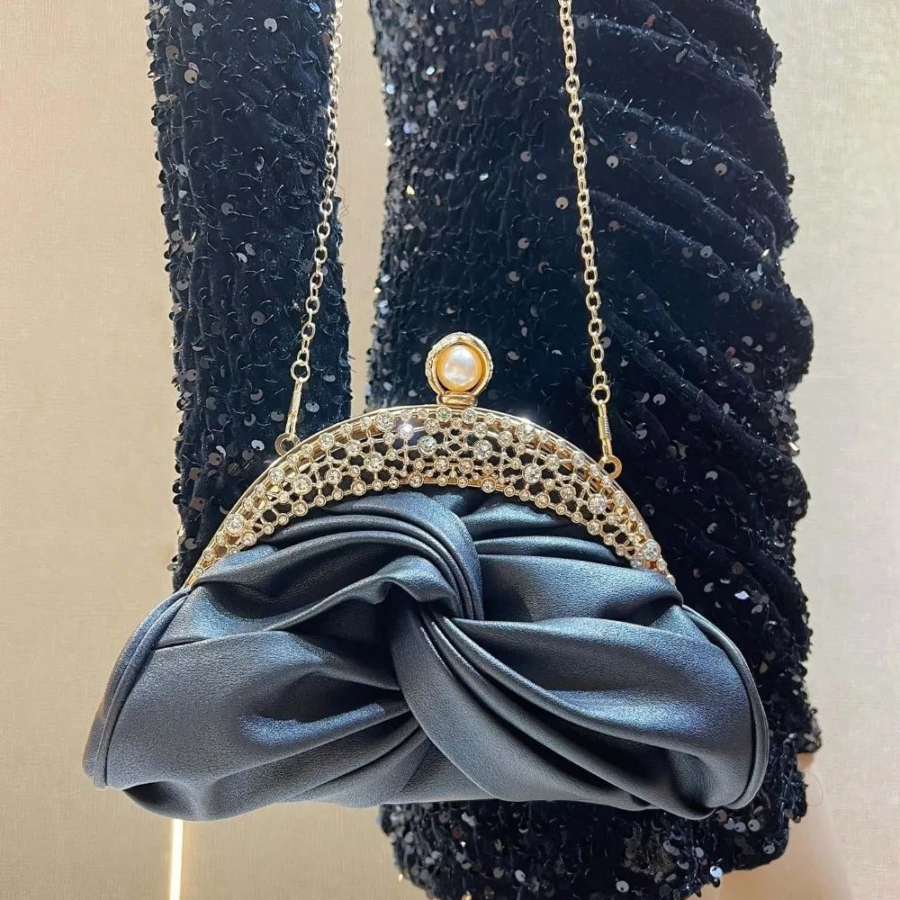 Sparkly Rhinestone Evening Clutch Pleated Satin-like Bridal Wedding Purse Glittery Chic Luxury Party Pochette Bride