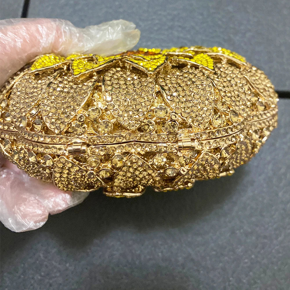 Gold/Yellow Sunflower Clutch Crystal Round Evening Bags Women Wedding Purse Bridal Bags Party Dazzling Diamond Handbags Minaudie