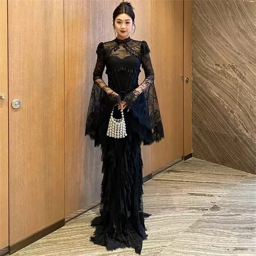 Tokyo Vintage Lace Bell Sleeve Wedding Dress High Neck Mermaid Bridal Gown Elegant Fringe Tassel Formal Evening Reception Gowns