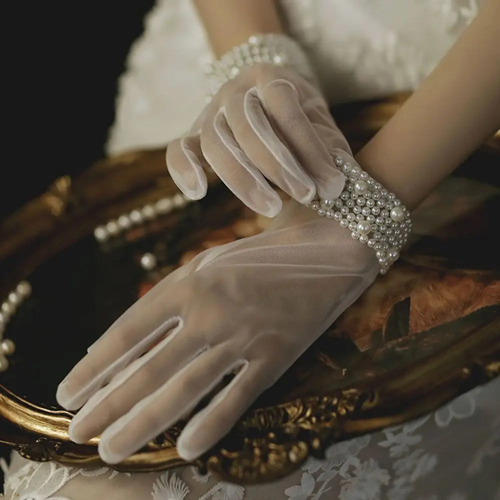Wrist-Length Satin Bridal Gloves with Pearl and Bow