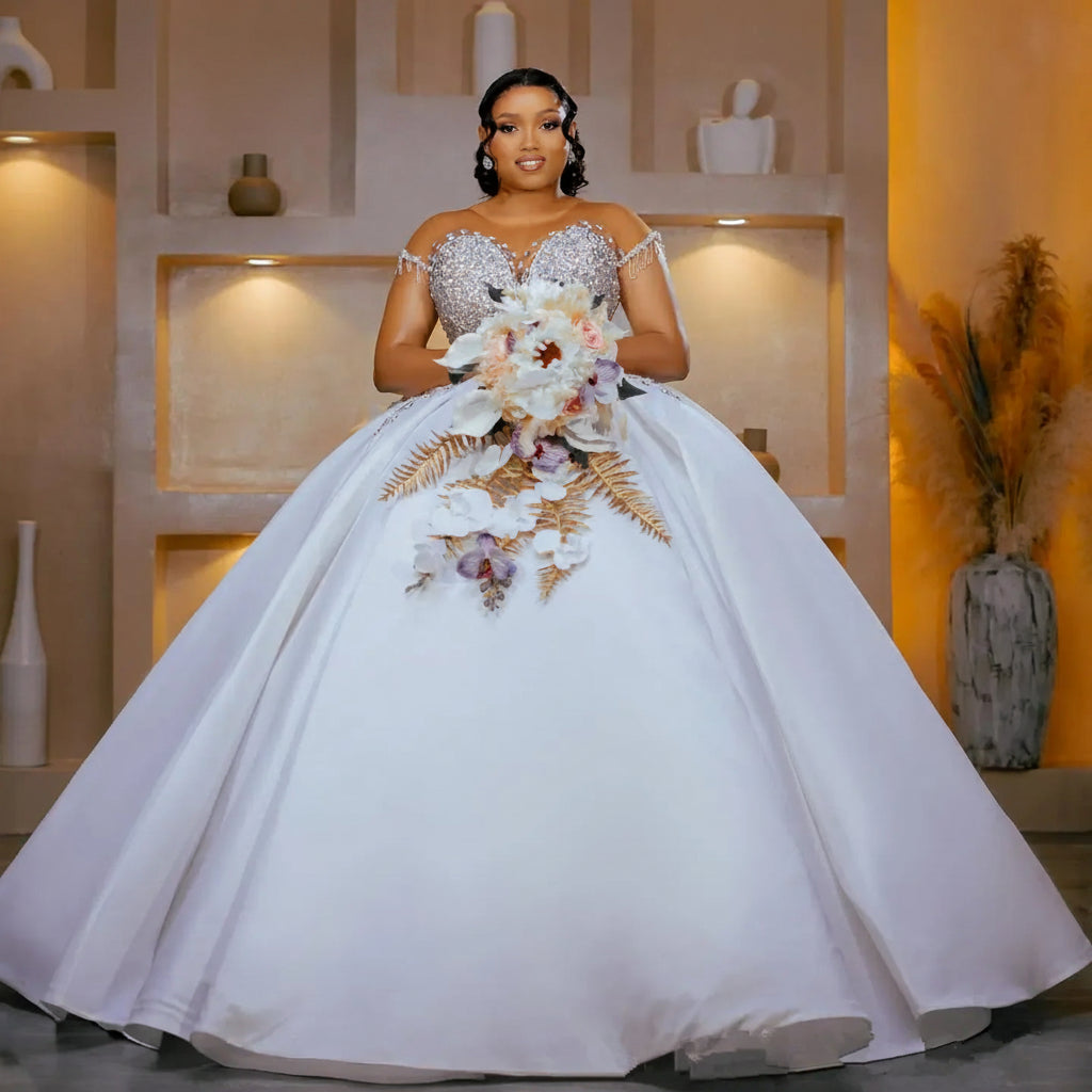 Customized Wedding Dresses For Bride Detachable Train Mermaid Ball Gown Sheer Neck Short Sleeves Beaded Bridal Gowns