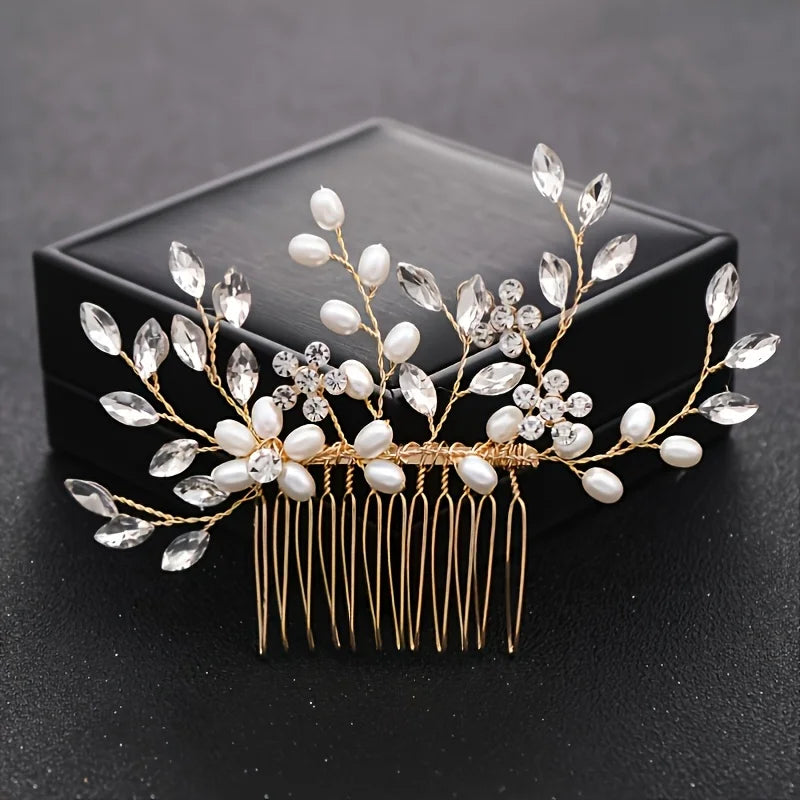 Handmade Pearl Leaf Hair Comb Fashion Alloy And Rhinestone Hairpin Bridal Wedding Hair Accessories Jewelry Hair Comb