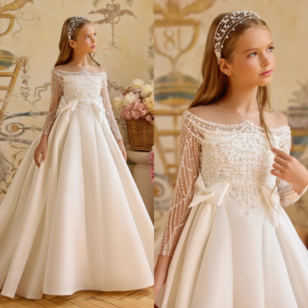 Pearl Beaded Ball Gown Flower Girl Dress