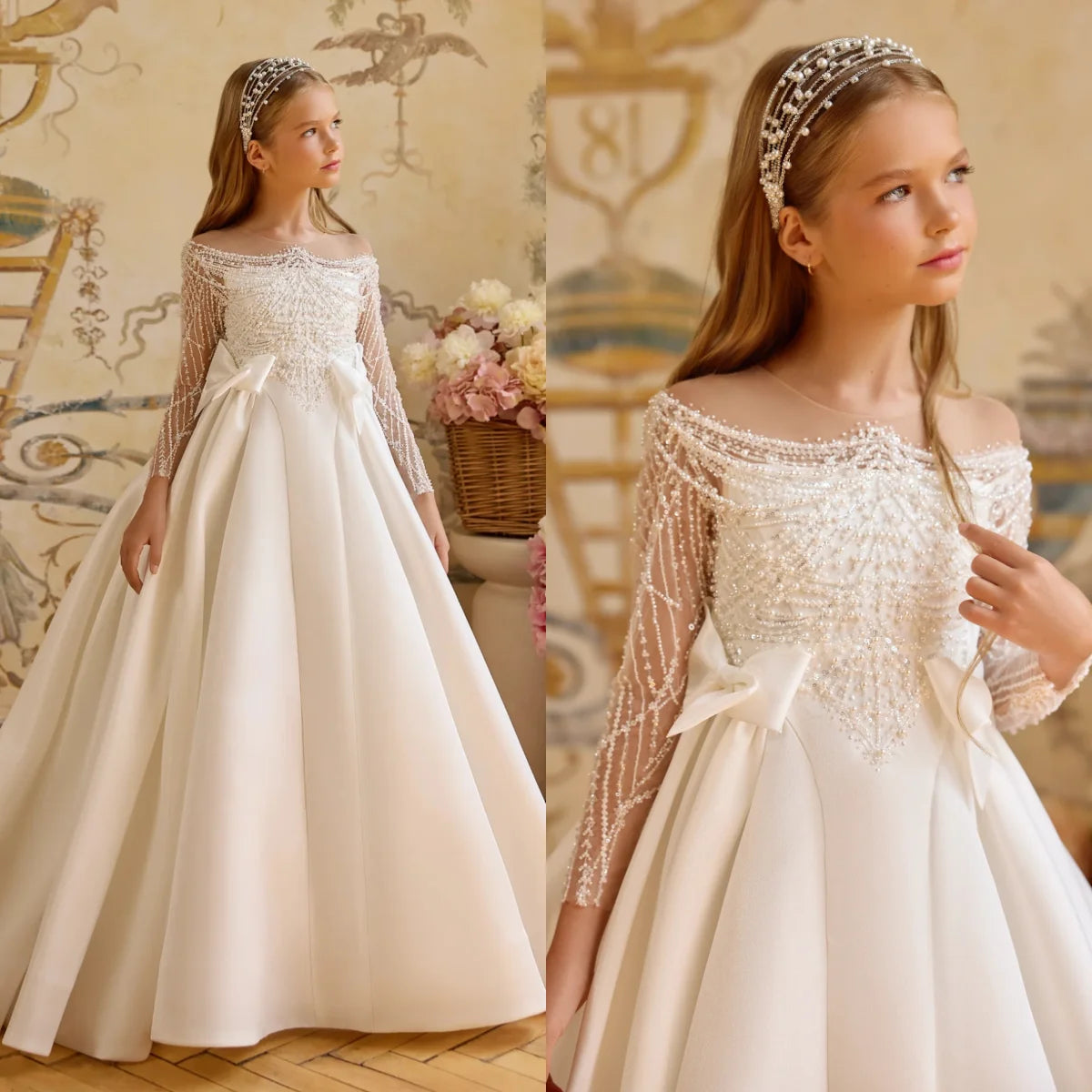 Pearl Beaded Ball Gown Flower Girl Dress