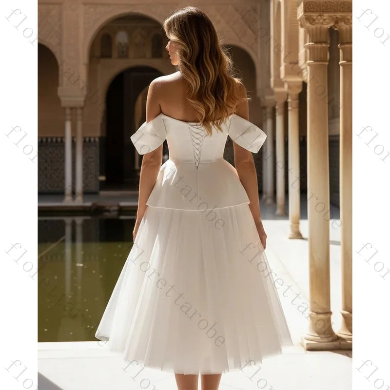Off-Shoulder Peplum Midi Wedding Dress