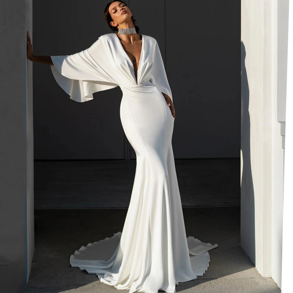 Elegant V-Neck Wedding Dress Illusion Tulle Back with Buttons Bride Batwing Sleeves Mermaid Floor Length Marriage Custom Gown