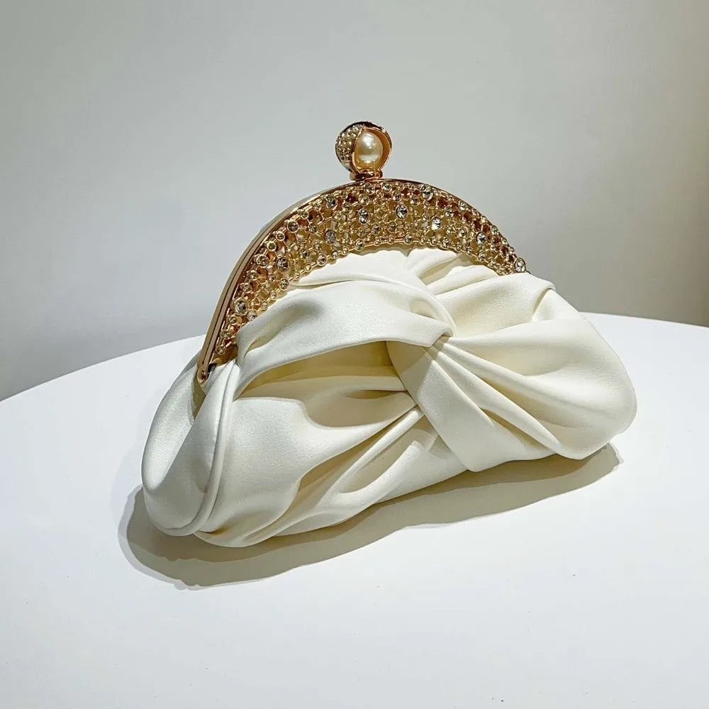 Sparkly Rhinestone Evening Clutch Pleated Hollow-out Bridal Wedding Purse Glittery Chic Ruched Knot Bag Hostess