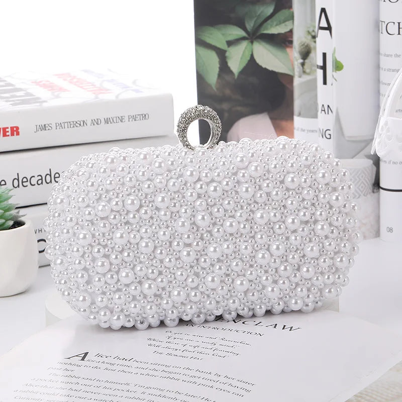 Elegant Pearl Evening Shoulder Bag Soft Small Square Purse with Lock for Women Wedding Bridal Crossbody Party