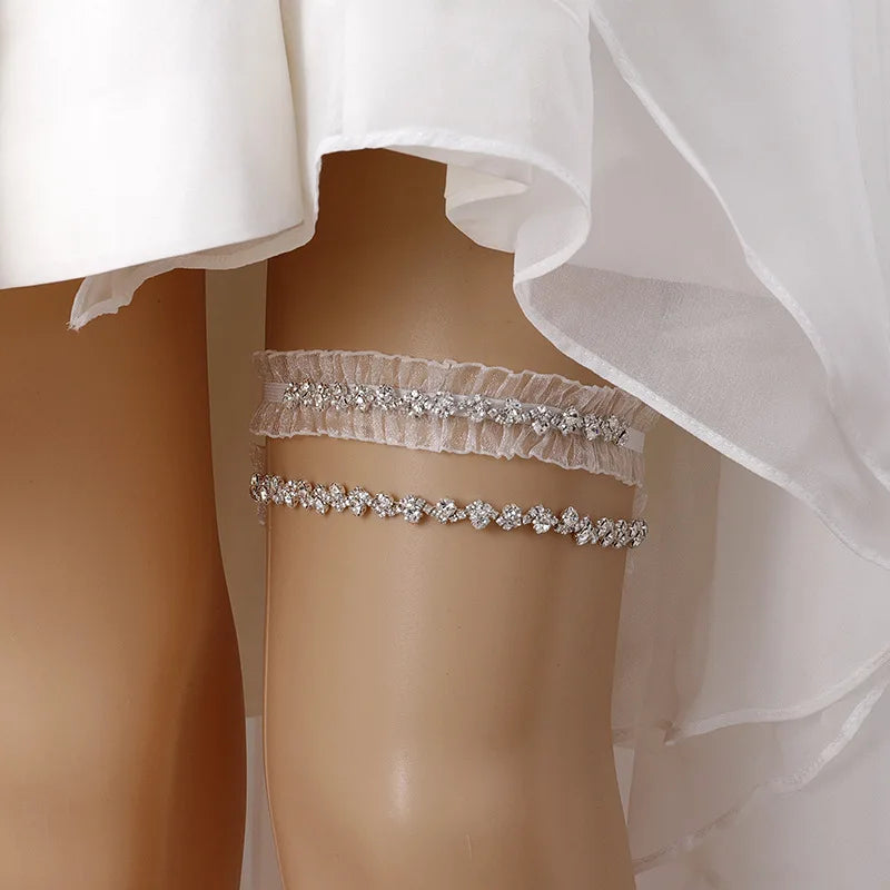 2PC White Tulle Bridal Sexy Garter Silver Gold Color Rhinestone Wedding Accessories Leg Garters For Women Cosplay