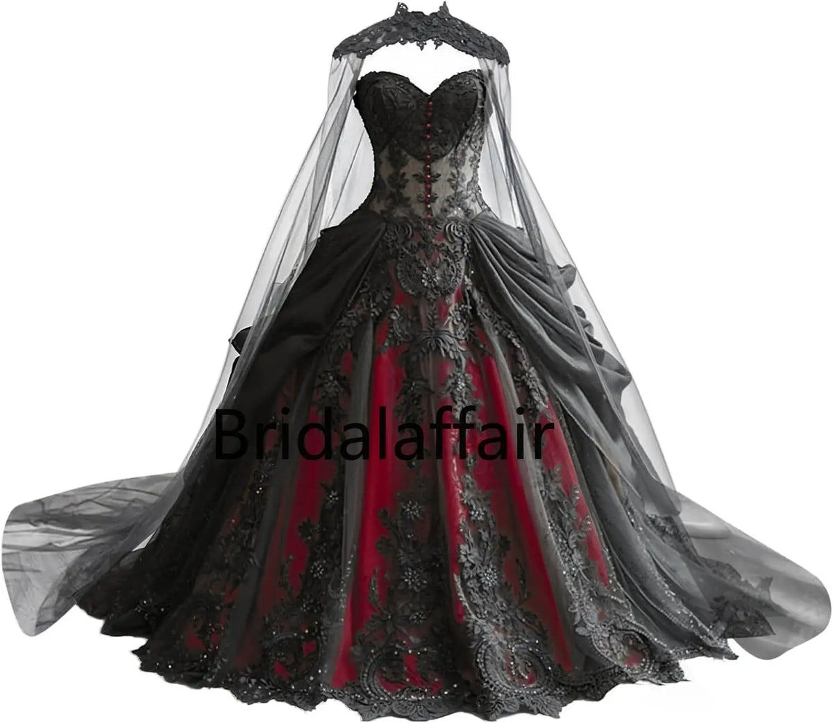 Gothic Weeding Dresses for Brides Black Lace Applique Bridal Dresses Embroidery Tiered Tulle Wedding Gowns with Cape