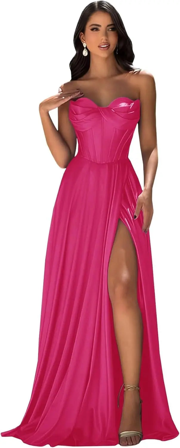 Chicbridal Women's Strapless Prom Dress Satin A-Line Long Ball Gown Sweetheart Corset Formal Dress with Pockets And Side Slit