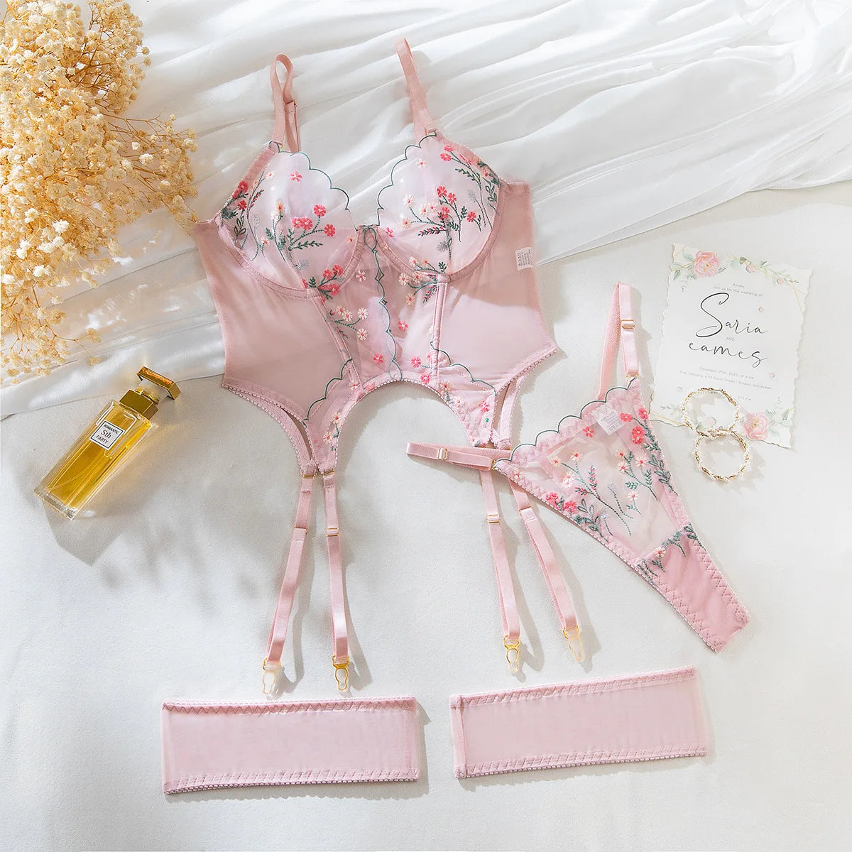 Pink Floral Lace Teddy & Garter Bridal Set